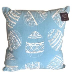Found & Fable Blue Easter Throw Pillow White Embellished Easter Eggs 18 x18 NEW